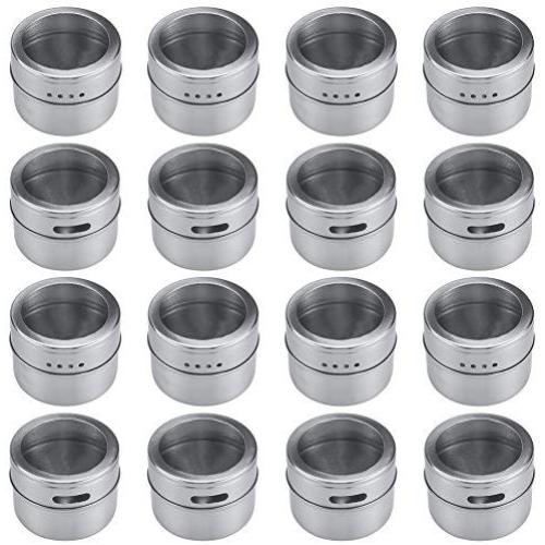 Bekith 16 Pack Stainless Steel Magnetic Multi-Purpose Spice Storage Tins, Clear Top Lid with Sift or Pour, Magnetic on Refrigerator and Grill