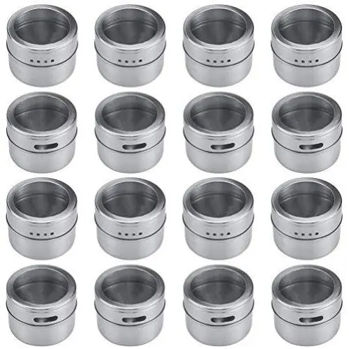 Bekith 16 Pack Stainless Steel Magnetic Multi-Purpose Spice Storage Tins, Clear Top Lid with Sift or Pour, Magnetic on Refrigerator and Grill Bekith 16 Pack Stainless Steel Magnetic Multi-Purpose Spice Storage Tins, Clear Top Lid with Sift or Pour, Magnetic on Refrigerator and Grill