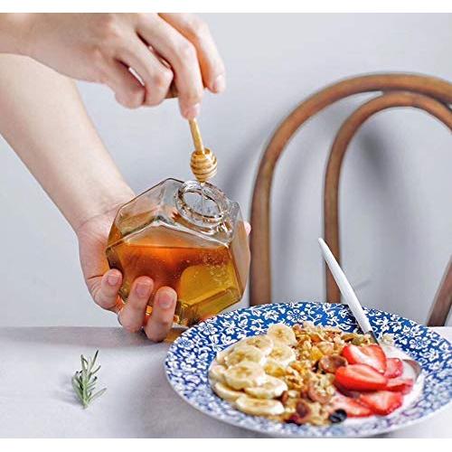 Liitrton Hexagon Shape Honey Pot Jar with Dipper Heat-Resistant Glass Storage Container for Home Kitchen (S)
