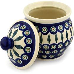 Polish Pottery 6?-inch Jar with Lid (Peacock Leaves Theme) + Certificate of Authenticity