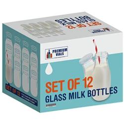 Premium Vials, 11 Oz Glass Milk Bottle Set of 12 - Includes Reusable White Lids and Straws