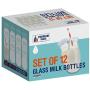 Premium Vials, 11 Oz Glass Milk Bottle Set of 12 - Includes Reusable White Lids and Straws