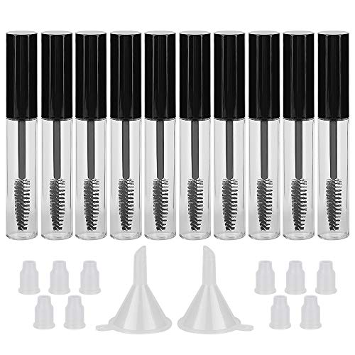 GTHER 10PCS 10ML Empty Mascara Tube Bottle with Eyelash Wand & Rubber Inserts & Funnels Set for Castor Oil/Eyelash Growth Oil, DIY Mascara Eyelash Cream Container with Cap, Black