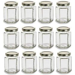 12pcs Nakpunar Hexagon Glass Jars with Lids (6 oz, Gold)