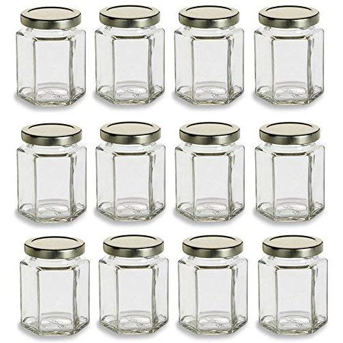 12pcs Nakpunar Hexagon Glass Jars with Lids (6 oz, Gold)