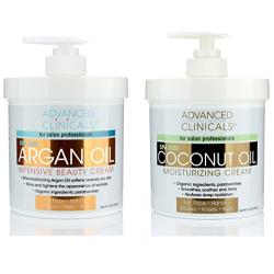 Advanced Clinicals Coconut Oil Cream and Argan Oil Cream Set. Value skincare set contains best-selling Coconut Oil and Argan Oil. Anti-aging creams for face, hands, body. Two spa size 16oz creams.