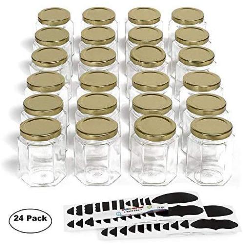 Hexagon Glass Jars by Nellam - 6oz, 24 Pack. Includes 48 Chalk Sticker Labels and 2x Chalk Pen. DIY Jars for Canning, Party Favors, Jams, Sauces, Herbs, Spices. (Gold Lid - 24 Pcs)