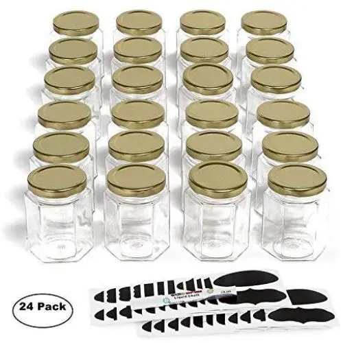 Hexagon Glasbehälter von Nellam – 6oz, 24er Pack. Enthält 48 Schablonenaufkleber und 2x Schablonenstift. DIY-Behälter für Einmachgläser, Partygeschenke, Marmeladen, Saucen, Kräuter, Gewürze. (Goldene Deckel – 24 Stück)