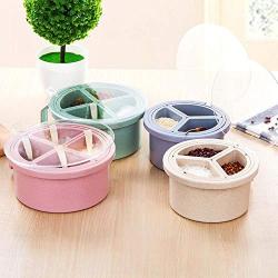 Daliuing Kitchen Seasoning Box Spice Pots 4 Grid Design with Cover and Spoon Home Kitchen Round Storage Container Condiment Jars 14cmx7.5cm Pink