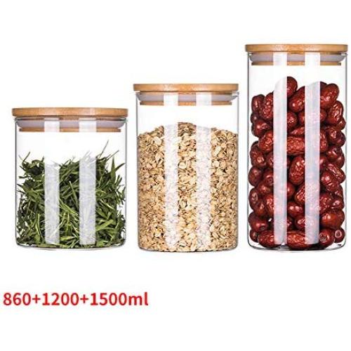 ALXDR Glass Jars with Airtight Bamboo Lid, 3 Big and Small Food Canisters for Tea, Coffee, Candy, Cookie