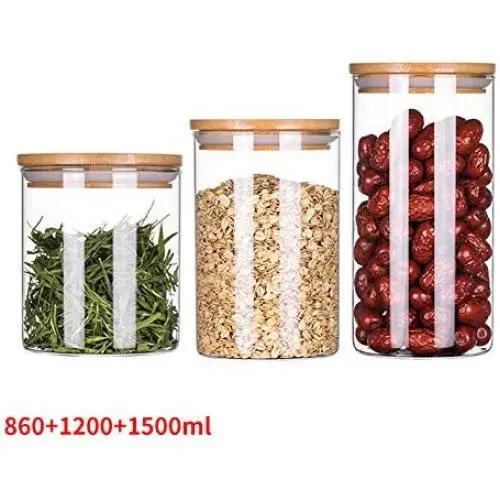 ALXDR Glass Jars with Airtight Bamboo Lid, 3 Big and Small Food Canisters for Tea, Coffee, Candy, Cookie ALXDR Glass Jars with Airtight Bamboo Lid, 3 Big and Small Food Canisters for Tea, Coffee, Candy, Cookie