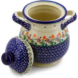 Polish Pottery Jar with Lid and Handles 8-inch Spring Flowers