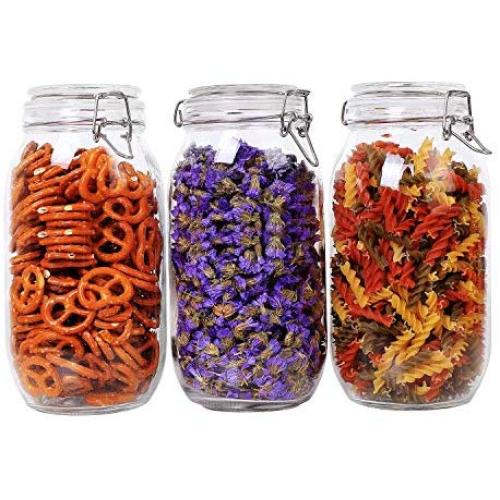 ComSaf Airtight Glass Canister Set of 3 with Lids 75oz Food Storage Jar Round - Storage Container with Clear Preserving Seal Wire Clip Fastening for Kitchen Canning Cereal,Pasta,Sugar,Beans,Spice