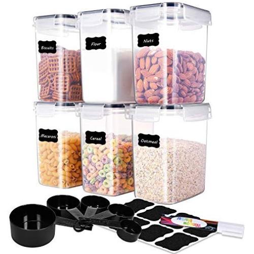 ME.FAN Medium Food Storage Containers [Set of 6] Airtight Storage Keeper 1.6L(54.1oz) with 5 Set Measuring Cups 24 Chalkboard labels & Pen Ideal for Sugar, Flour, Baking Supplies (Black)