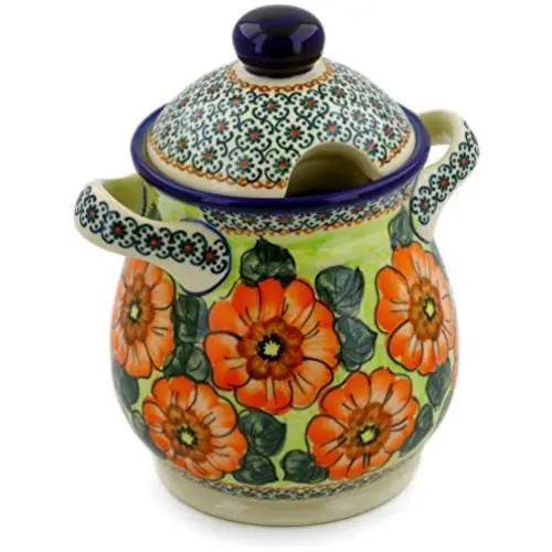 Polish Pottery 8-inch Jar with Lid and Handles (Fiery Poppies Theme) Signature UNIKAT + Certificate of Authenticity Polish Pottery 8-inch Jar with Lid and Handles (Fiery Poppies Theme) Signature UNIKAT + Certificate of Authenticity