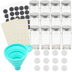 Tebery 12 Pack Spice Jars Bottles 4oz Glass Spice Jars with Silver Metal Lids, Shaker Tops, Wide Funnel and Labels Complete Organizer Set