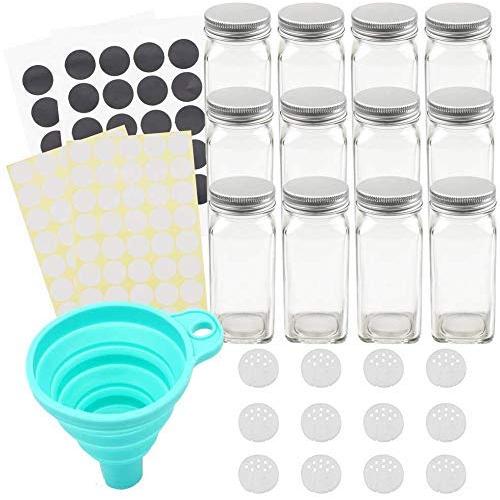 Tebery 12 Pack Spice Jars Bottles 4oz Glass Spice Jars with Silver Metal Lids, Shaker Tops, Wide Funnel and Labels Complete Organizer Set