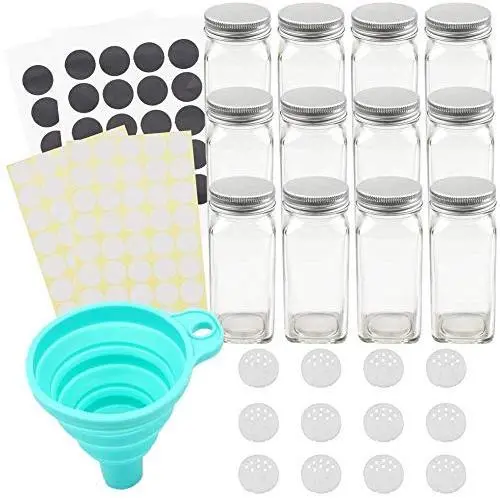 Tebery 12 Pack Spice Jars Bottles 4oz Glass Spice Jars with Silver Metal Lids, Shaker Tops, Wide Funnel and Labels Complete Organizer Set