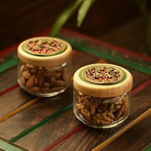 Exklusive Lane ‘Dhokra Delicacies’ Handbemalte Snack-Glas & Holz-Set – Cookie-Behälter, Gewürzbehälter, Küchenbox, Tableware, Serviergeschirr