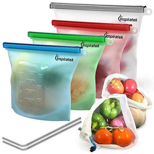 Reusable Silicone Food Bags (Large and Small, Set of 4) + Bonus Stainless Steel Straws & Produce Storage Bags - Insulated Plastic Lunch Bag - Baggies for Sandwich, Kids, Snack, Freezer Dishwasher Safe