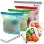 Wiederverwendbare Silikon-Lebensmittelbeutel (Groß & Klein, Set von 4) + Bonus Edelstahl-Trinkhalme & Obst-& Gemüse-Beutel – Isolier-Plastik-Mittagsbeutel – Baggies für Sandwich, Kinder, Snack, Gefriertiefkühlbehälter – Spülmaschinenfest