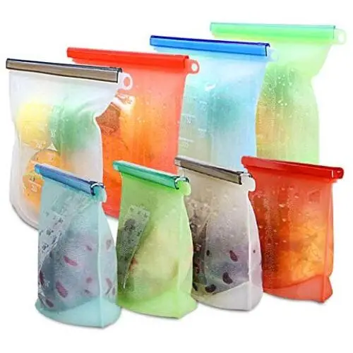 Wiederverwendbare Silikon-Lebensmittelbehälter, WOHOME - Gefrierbeutel, luftdicht, lebensmittelecht, vielseitig für Gemüse, Flüssigkeiten, Snacks, Fleisch, Obst/4x Groß (50oz+) + 4x Klein (30oz)