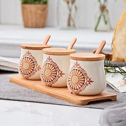 Boîte d'assaisonnement de cuisine / Récipient de stockage de condiments en céramique avec plateau en bambou et couvercle - Pot à poivre, Bouteille d'assaisonnement (Couleur : B) Boîte d'assaisonnement de cuisine / Récipient de stockage de condiments en céramique avec plateau en bambou et couvercle - Pot à poivre, Bouteille d'assaisonnement (Couleur : B)