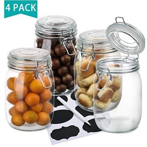 Wide Mouth Mason Jars,OAMCEG 4-Piece 34oz Airtight Glass Preserving Jars with Leak Proof Rubber Gasket and Clip Top Lids, Perfect for Storing Coffee, Sugar, Flour or Sweets - 8 Labels & 1 Chalk Marker