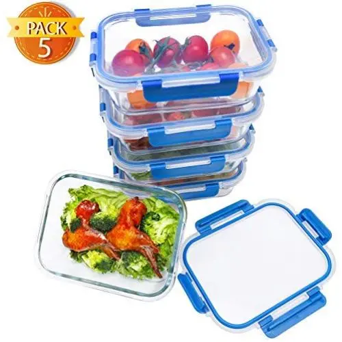 Boîtes de conservation alimentaires BlueHills Premium en verre avec couvercle à snap lock, BPA-free, aptes au micro-ondes, au congélateur et au lave-vaisselle. Jeu de 5 ou 10 pièces de 4,5 tasses (108 oz).