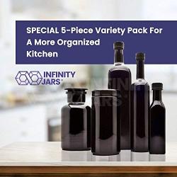 Infinity Jars Kitchen Glass Jar Variety Set: 250 ml Oil Bottle, 1 L Oil Bottle, 500 ml Long Neck Bottle, 1 L Screw Top Jar and 1 L Apothecary Jar