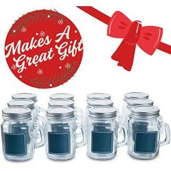 Glass Favor Jars with Lids and Handles 3.4oz - Mini Mason Jar Favors Bottles with Chalkboard Labels, Chalk Pen, Personalized Tags and String - [12pc Bulk Set] Spices, Candy