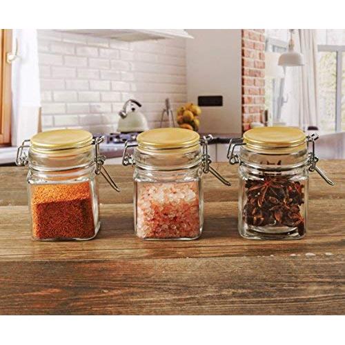 Circleware 67187 Mini Square Glass Spice Jar with Swing Top Gold Hermetic Airtight Locking Lid Set of 3 Kitchen Himalayan Seasoning Glassware Food Preserving Storage Containers, 6.76 oz