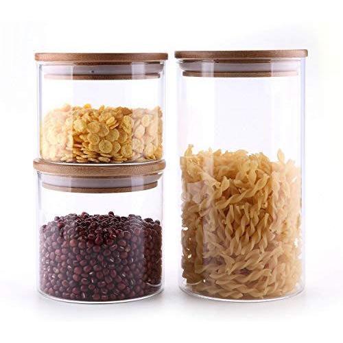 ComSaf Airtight Canisters for Bulk Food Storage Set of 3-17/22/43oz, BPA Free High Borosilicate Glass Cookies Jar with Bamboo Lid, Cylinder Cereal Container with Sealing