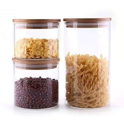 Ensemble de contenants hermétiques ComSaf pour stockage de denrées alimentaires, 3 pièces - 17/22/43oz, en verre de haute borosilicate sans BPA avec couvercle en bambou, cylindre pour céréales scellé Ensemble de contenants hermétiques ComSaf pour stockage de denrées alimentaires, 3 pièces - 17/22/43oz, en verre de haute borosilicate sans BPA avec couvercle en bambou, cylindre pour céréales scellé