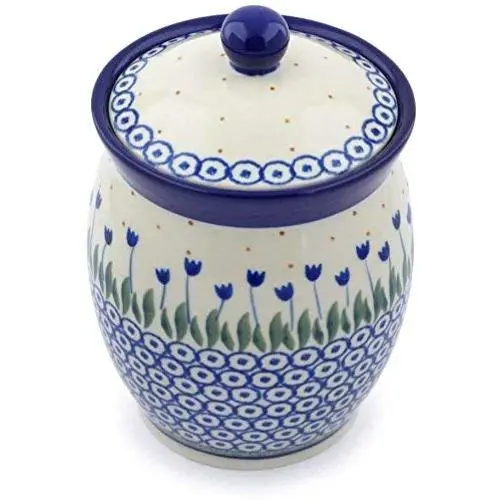 Polish Pottery 6?-inch Jar with Lid made by Ceramika Artystyczna (Water Tulip Theme) + Certificate of Authenticity Polish Pottery 6?-inch Jar with Lid made by Ceramika Artystyczna (Water Tulip Theme) + Certificate of Authenticity