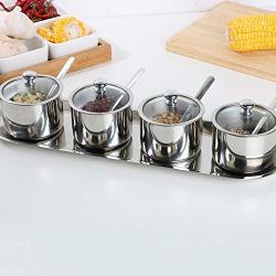 Stainless Steel Condiment Pots Set, 3 with Spoons And A Visual Glass Cover, Spice Preserving Jar Set with Holder, for Kitchen Storage,4jars