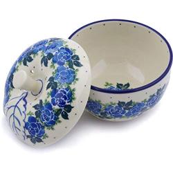 Polish Pottery 4?-inch Apple Shaped Jar made by Ceramika Artystyczna (Blue Garland Theme) + Certificate of Authenticity