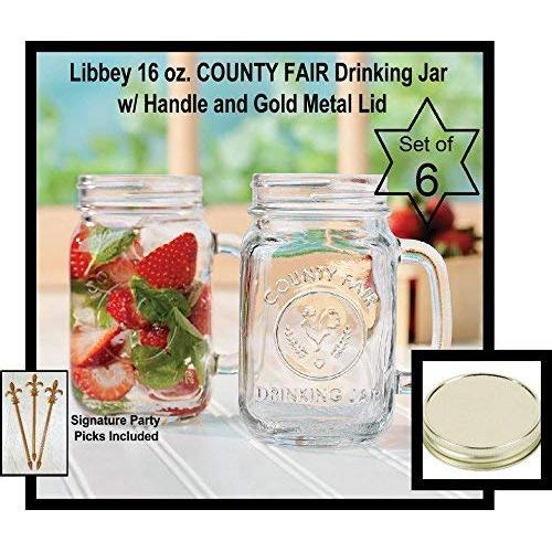 Set of 6 COUNTY FAIR Drinking/Storage Jar 16 oz. with Handle and Lids, Libbey Glass 97085 w/Signature Party Picks