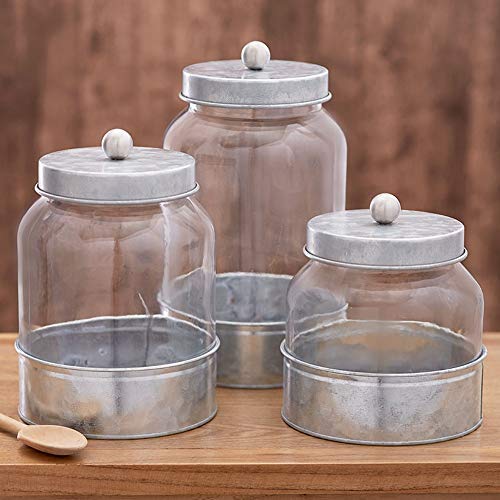 Briskly41 Glass Canisters Storage Jars Metal Galvanized Country Set of 3