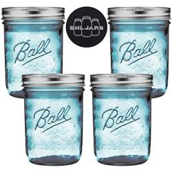 Ball Mason Jars 16 oz Wide Mouth Aqua Blue Colored Glass Bundle with Non Slip Jar Opener- Set of 4 Half Quart Size Mason Jars - Canning Glass Jars with Lids and Bands