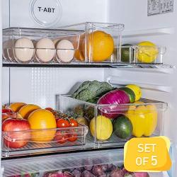 E-Gtong 5 Pack Fridge and Freezer Organizer Bins with Handles, Plastic Refrigerator Storage Bins Fridge Organizer Set BPA-Free Stackable Clear Food Storage Bins for Fridge, Freezer