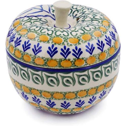 Polish Pottery 4?-inch Apple Shaped Jar made by Ceramika Artystyczna (Autumn Weatfields Theme) + Certificate of Authenticity