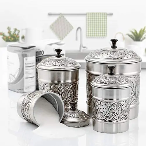 4 Piece Antique Pewter Embossed Heritage Canister Set Silver Steel 4 Piece Antique Pewter Embossed Heritage Canister Set Silver Steel
