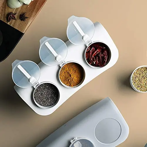 3 Pièces Accessoires de Cuisine en Acier Inoxydable, Récipients de Condiments avec Cuillère et Support d'Étagère (Blanc) 3 Pièces Accessoires de Cuisine en Acier Inoxydable, Récipients de Condiments avec Cuillère et Support d'Étagère (Blanc)