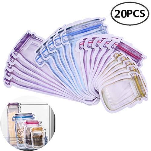 20 Pack Mason Jar Zipper Bags,Reusable Airtight Seal Bags,Food Storage Snack Sandwich Ziplock Bags Leakproof Food Saver Bags for Travel Camping and Kids(Tallx5+Lx5+Mx5+Sx5)