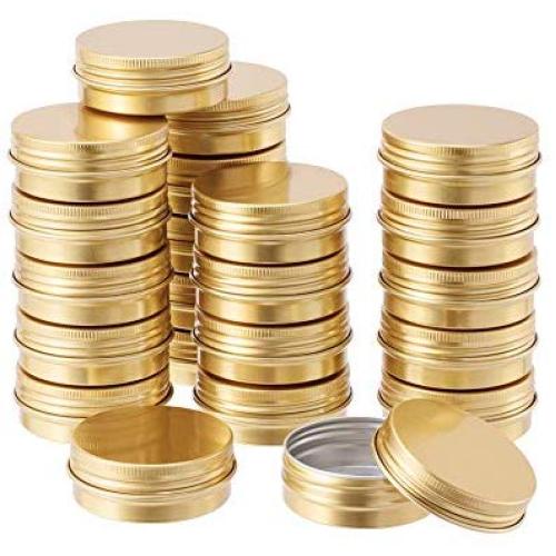 BENECREAT 30 Pack 1 OZ Tin Cans Screw Top Round Aluminum Cans Screw Containers Tins with Lids- Great for Store Spices, Candies, Tea or Gift Giving (Gold)