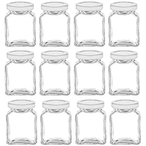 Bouteilles en verre carrées de 17,7 cm (6 oz) - 12 pièces avec couvercles blancs - Cube, parois droites Bouteilles en verre carrées de 17,7 cm (6 oz) - 12 pièces avec couvercles blancs - Cube, parois droites