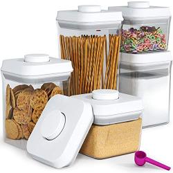 Pop&Lock Air Tight Food Storage Containers - Pop 5-Piece Premium Pantry Space Saving Canisters - Cereal, Flour, Sugar, Pasta, Rice - Hanging Lids And FREE Scoop - 7 Yr Warranty