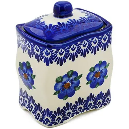 Polish Pottery 4?-inch Jar with Lid (Blue Flower Halo Theme) Signature UNIKAT + Certificate of Authenticity