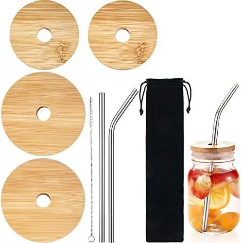 4 Pieces Jar Lids include 2 Wide Mouth Jar Lids with Straw Hole, 2 Regular Mouth Jar Lids with Straw Hole and 2 Reusable Stainless Steel Straw, Cleaning Brush and Bag for Drinking